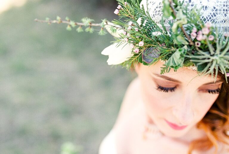 Close up of a woman wearing a flower crown