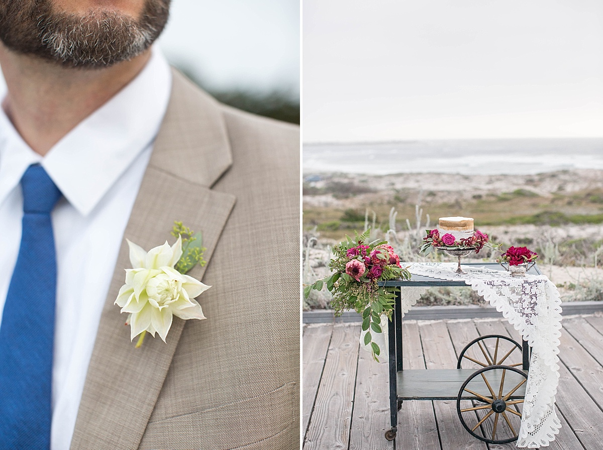 Elegant and Beachy Styled Shoot by the Rising Tide Society Monterey, California, Chapter, dessert station & boutonniere 