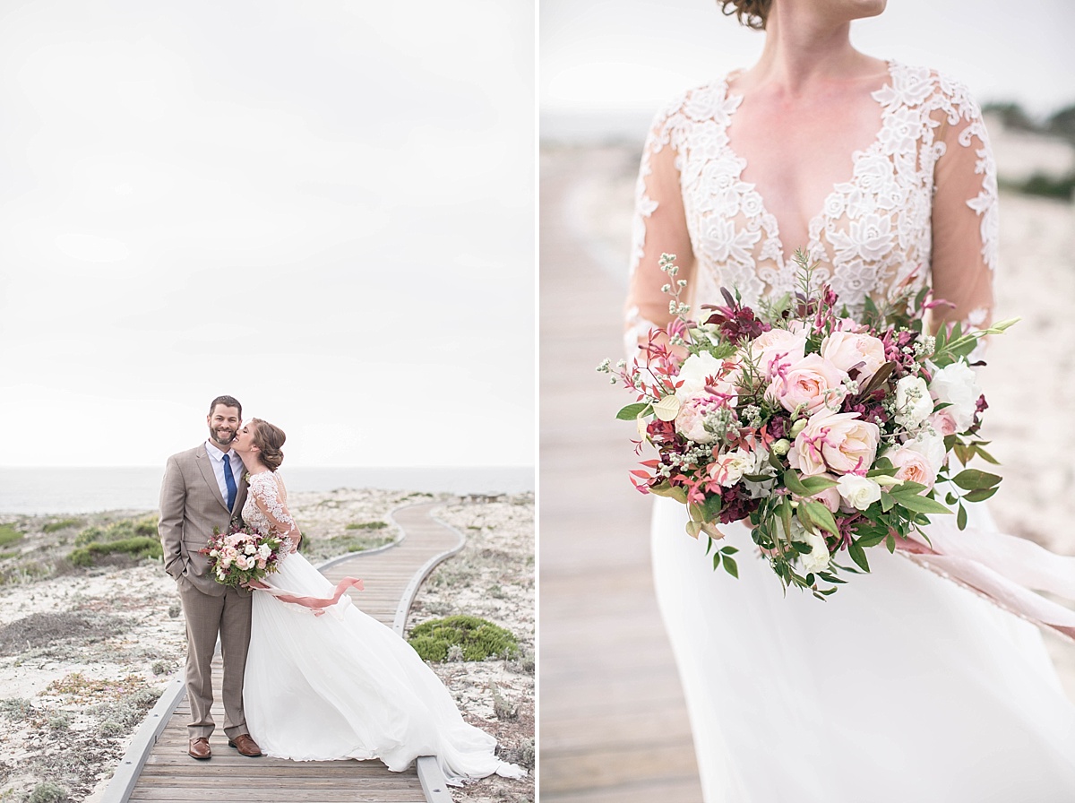 Bride and Groom.Wedding Bouquet. Elegant and Beachy Styled Shoot by the Rising Tide Society Monterey, California, Chapter