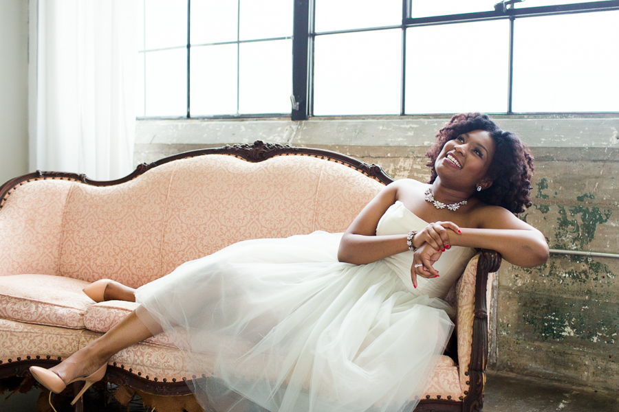 Houston Tuesdays Together (Rising Tide Society) Pantone Colors Styled Shoot, African American Bride, Colorful Bouquet, tea length Wedding Dress