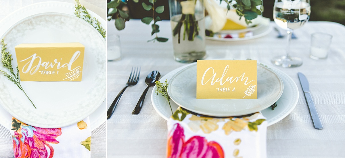 Yellow and white wedding inspiration with calligraphy place cards