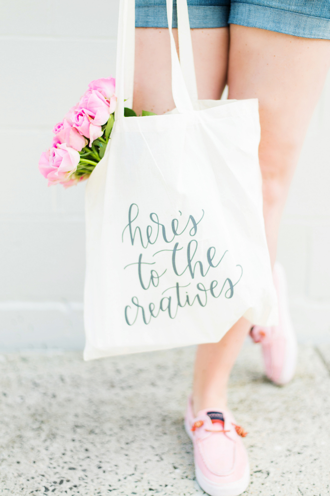 A tote bag with the text 