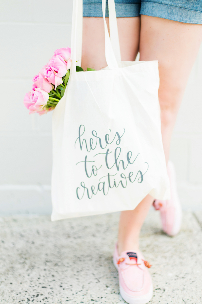 A tote bag with the text