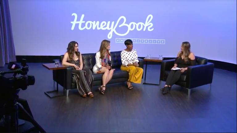 Honeybook panel discussing growing a small business on stage