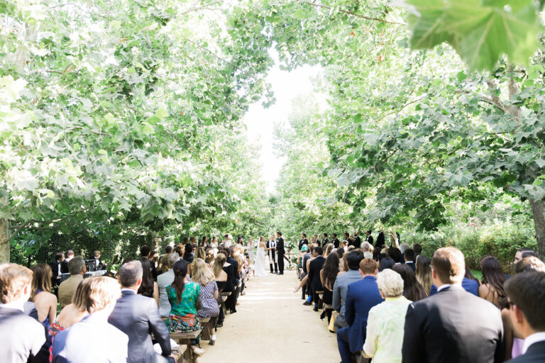 Couple getting married in an outdoor ceremony.