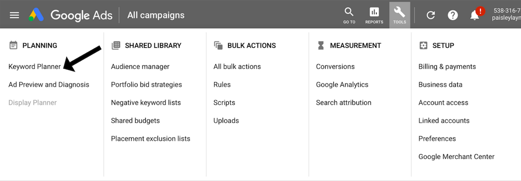 Google AdWords tool bar