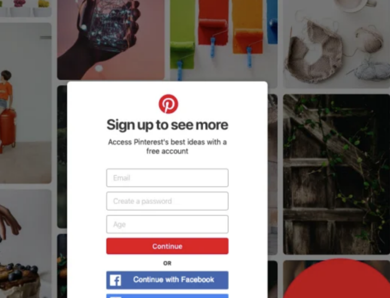 the pinterest login screen