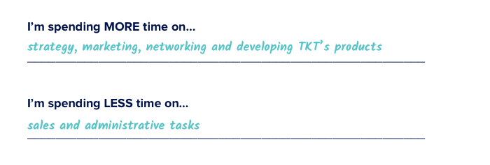 I’m spending more time on strategy, marketing, networking and developing TKT’s products. I’m spending less time on sales and administrative tasks. 