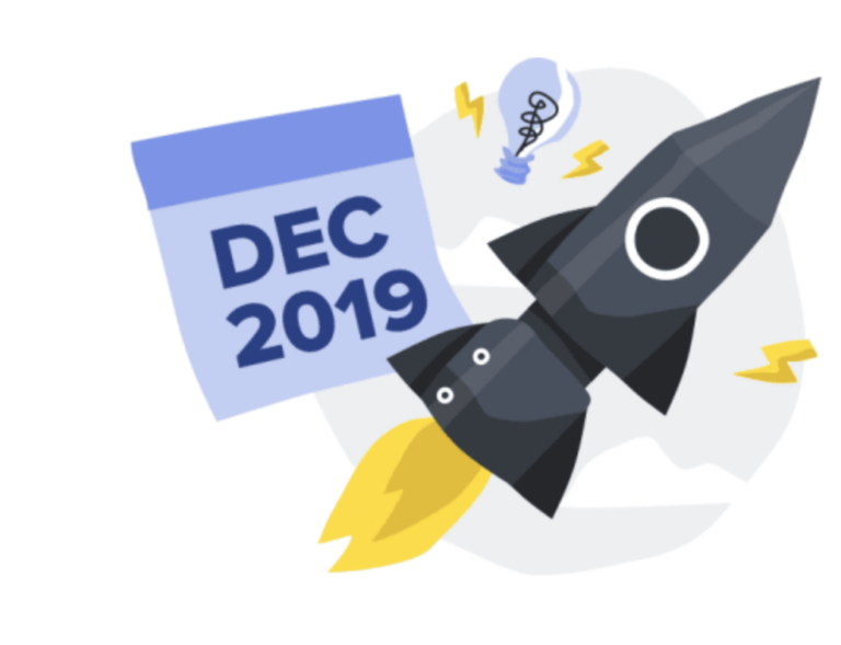 a calendar showing dec 2019 next to a rocket ship and a light bulb