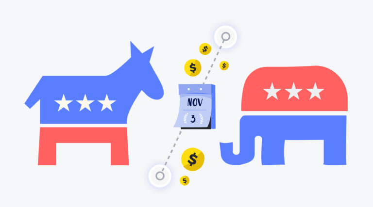 The Democratic donkey (left) and Republican elephant (right) are split by a line and a calendar reading Nov 3