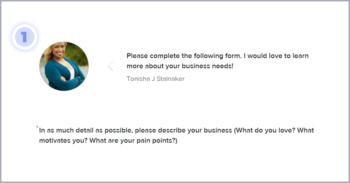 Screenshot of Tonisha's contact form with the first question 