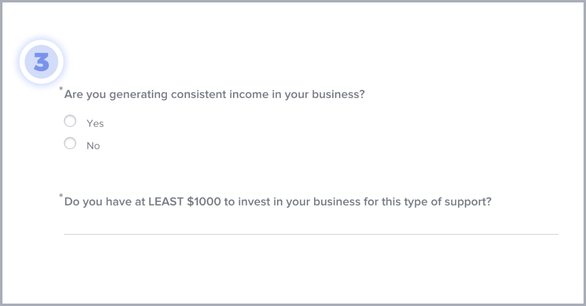 Screenshot of questionnaire questions asking about client budget