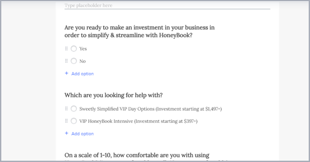 Screenshot of questions in a HoneyBook contact form asking about investment and services