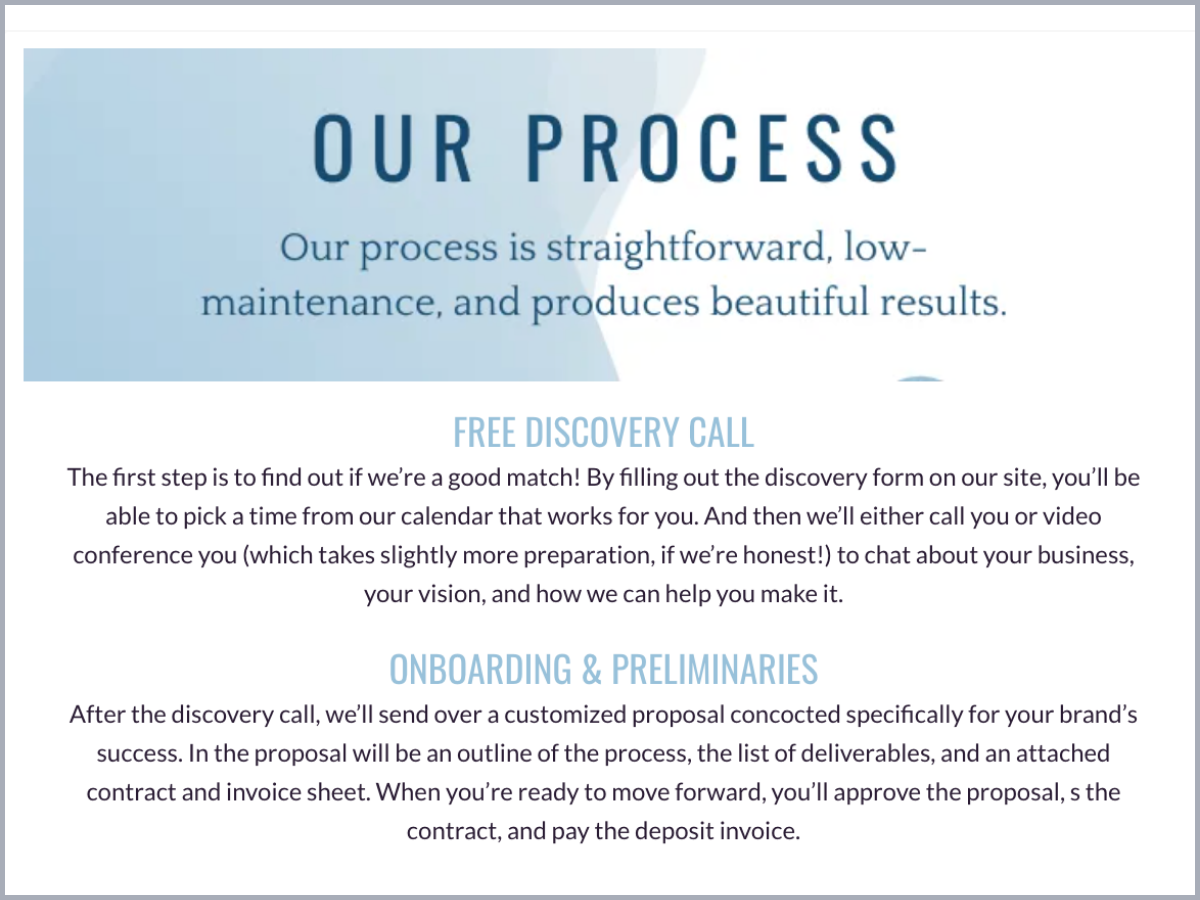 Screenshot of a process section in a HoneyBook brochure that includes blue-colored headers