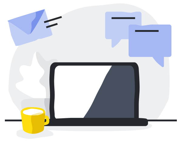 Illustration of a laptop with speech bubbles and an envelope to show client communication