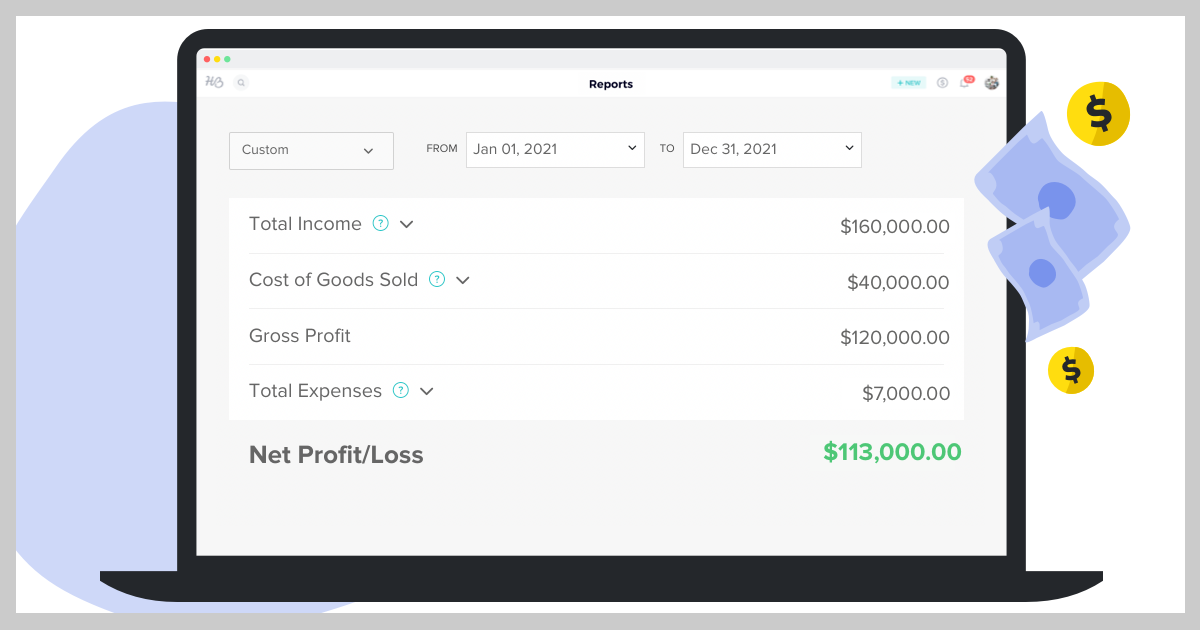 Illustration showing profit and loss report on a laptop