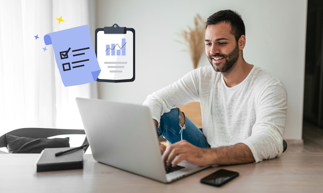 A man smiling at a laptop with illustrations showing year-end reports