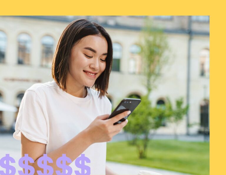 Woman processing payments on her phone