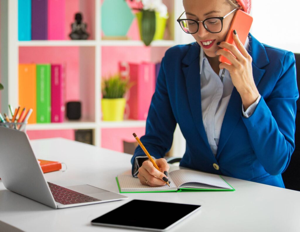 Woman evaluating customer fit on the phone