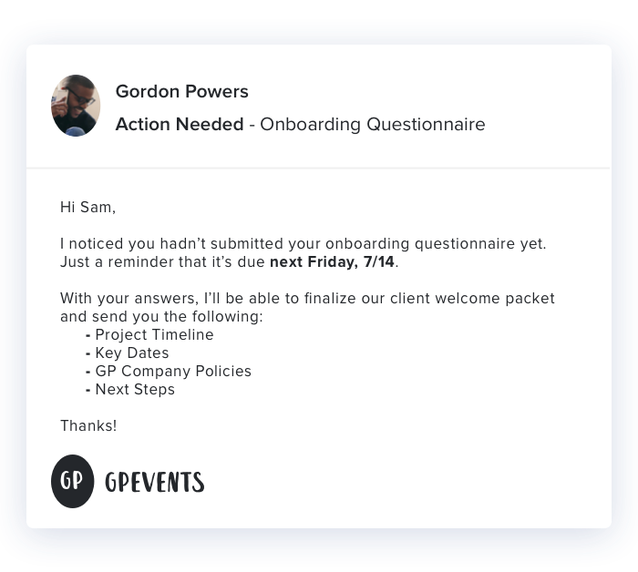 Email titled Action needed - onboarding questionnaire to help reduce back and forth emails