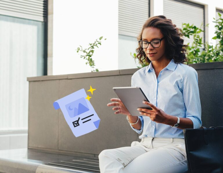 Woman holding a tablet with a sales brochure