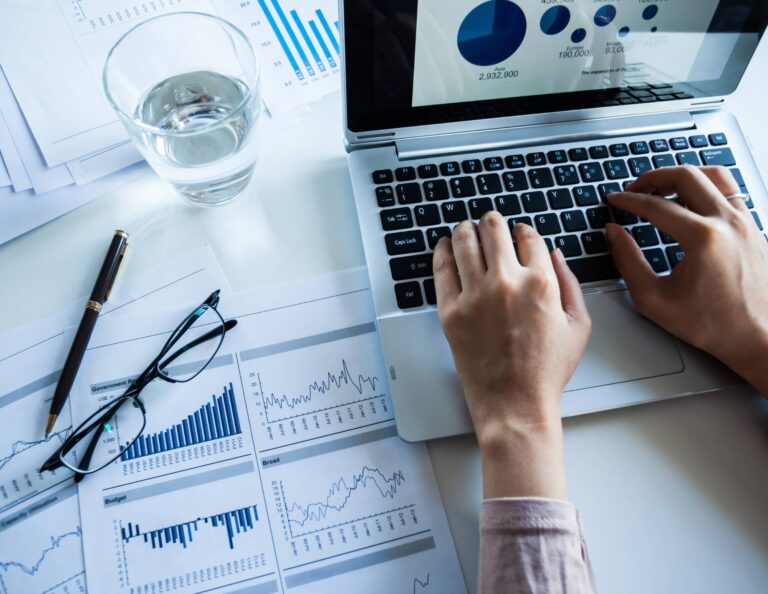 Person on computer working on a profit and loss statement with charts