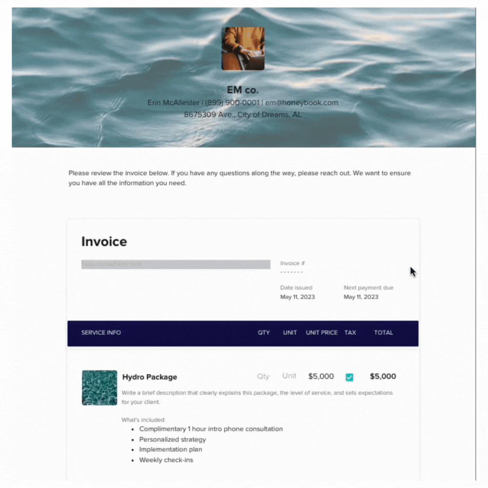 A scrolling gif featuring an invoice template through HoneyBook.