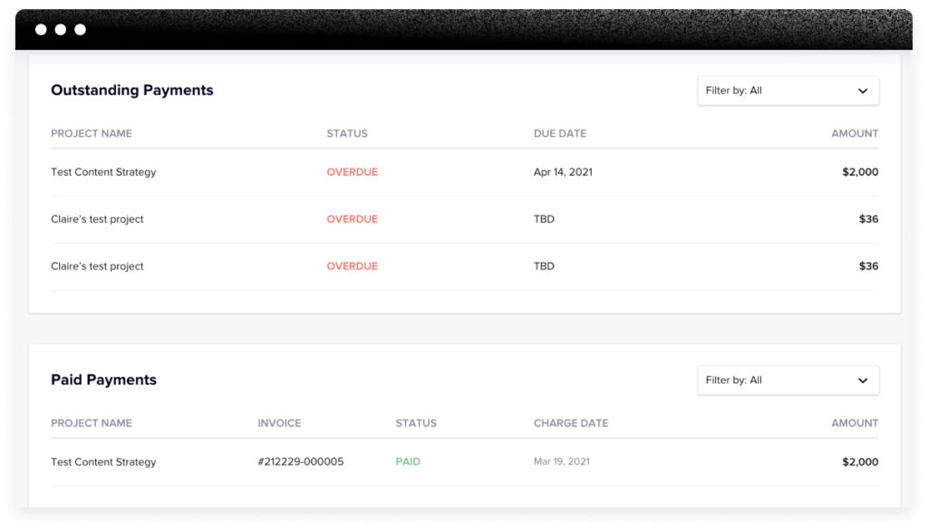 HoneyBook payments dashboard