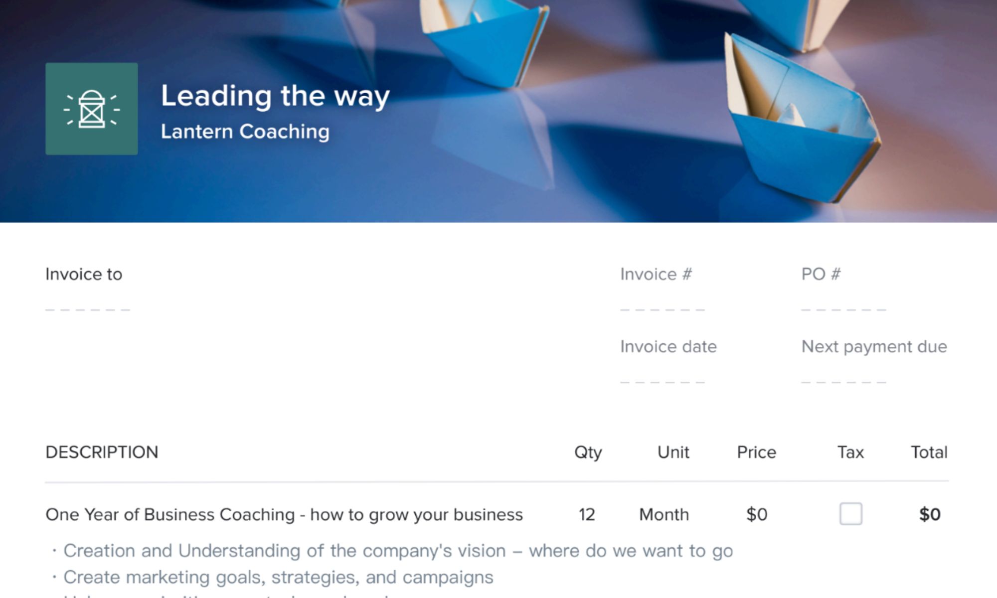 business coaching invoice