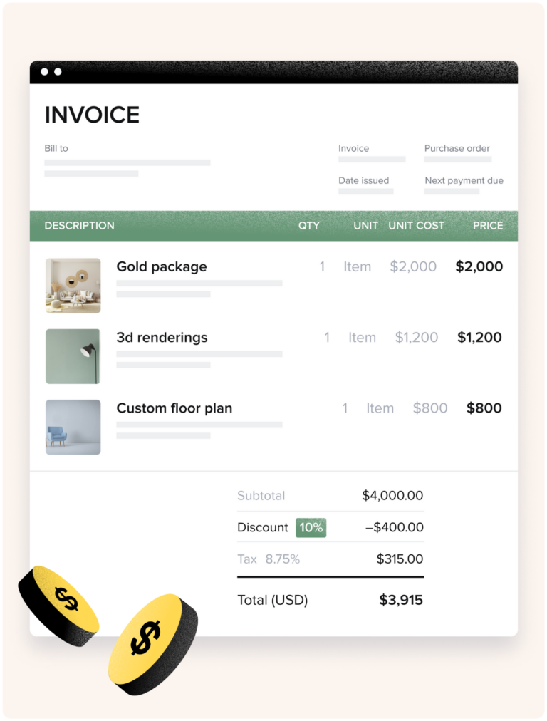 Invoice template with coins and a merino background.