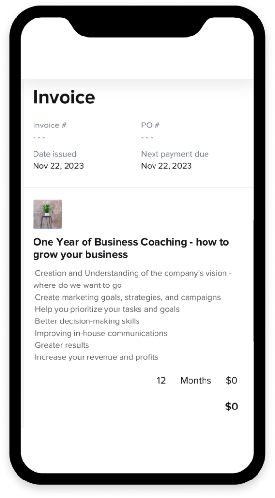 Example of a HoneyBook coaching invoice