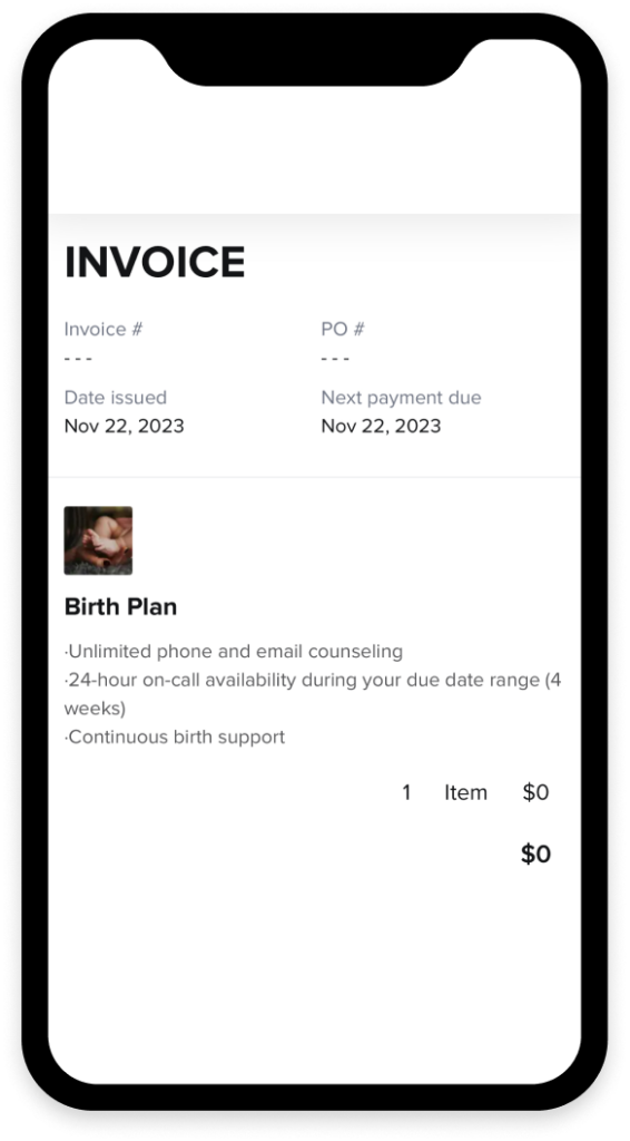 HoneyBook doula invoice