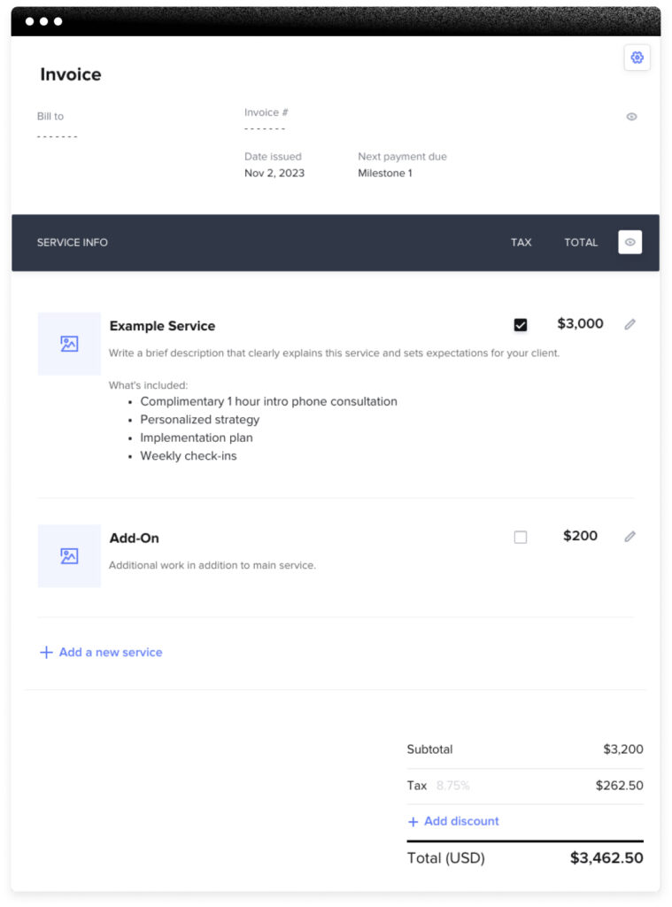 HoneyBook invoice editor