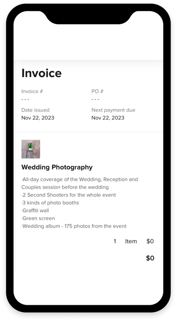 HoneyBook photography invoice