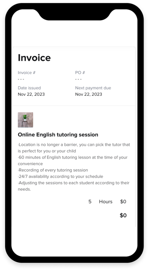 HoneyBook tutor invoice