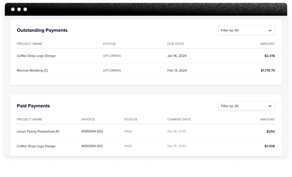 Payments report in HoneyBook