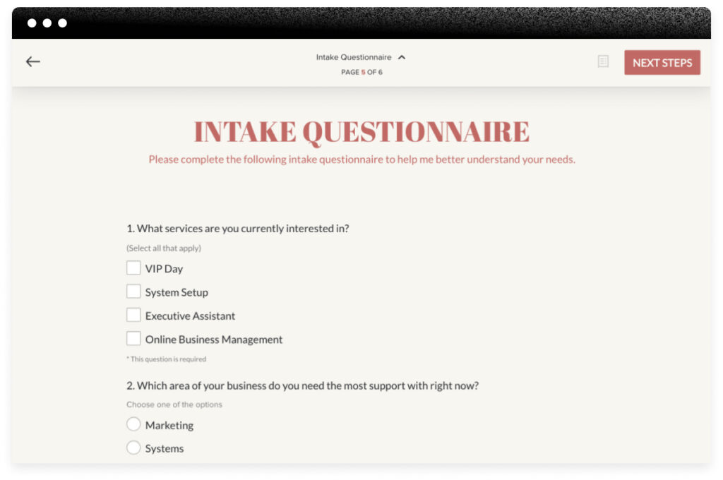 HoneyBook intake questionnaire