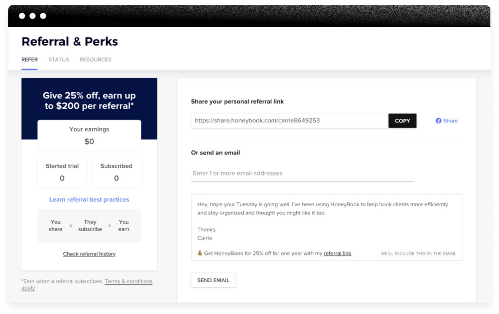 HoneyBook referral dashboard