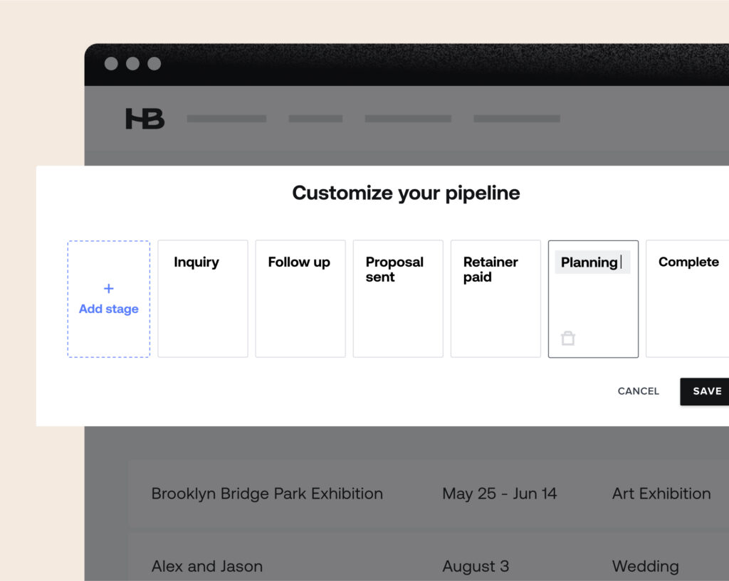 HoneyBook customizable pipeline