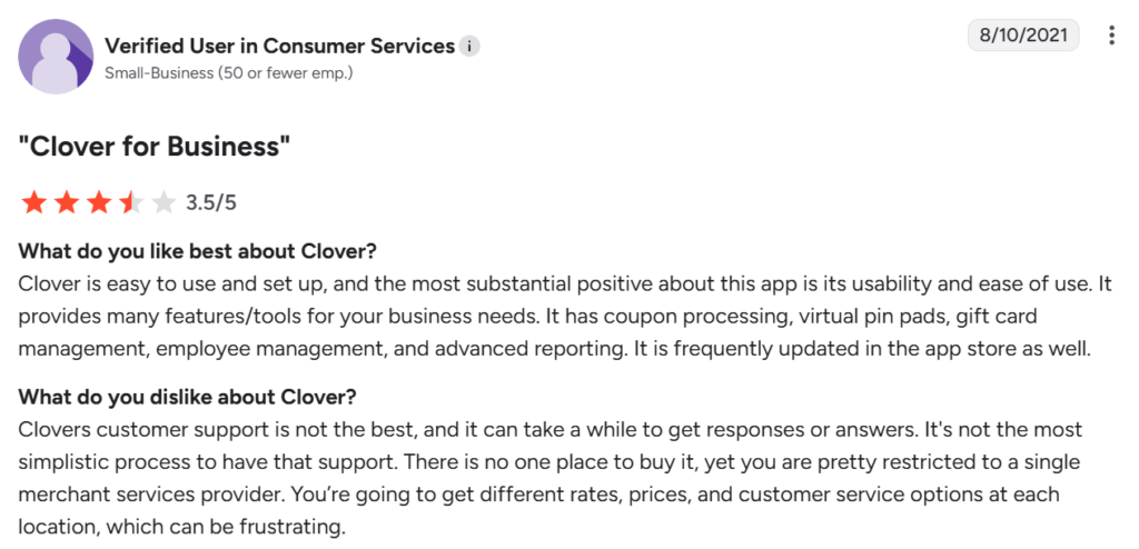 Clover customer review from G2
