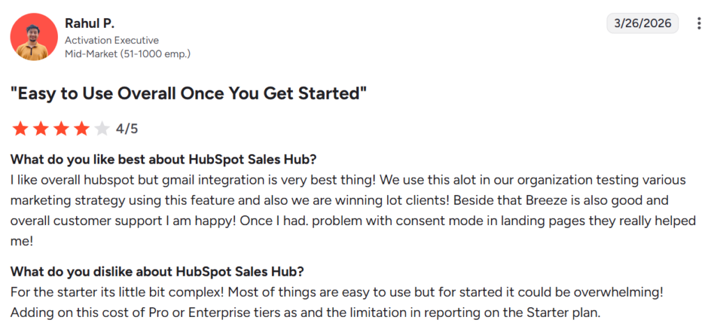 HubSpot customer review from G2