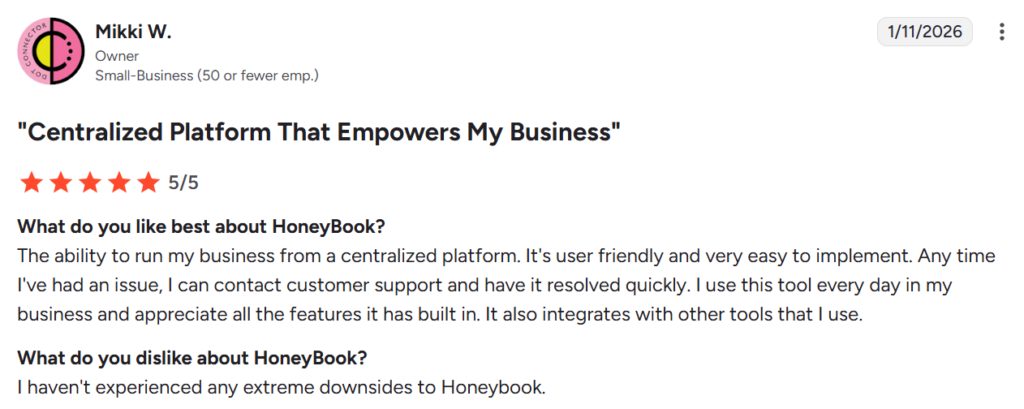 HoneyBook customer review from G2