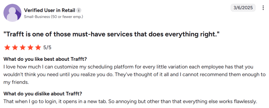 Trafft customer review from G2