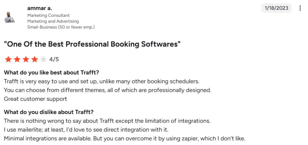 Trafft customer review from G2