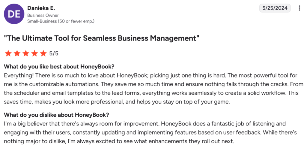 HoneyBook customer review from G2