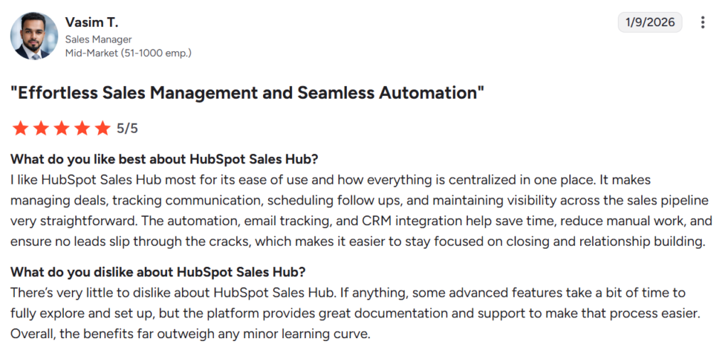 HubSpot customer review from G2