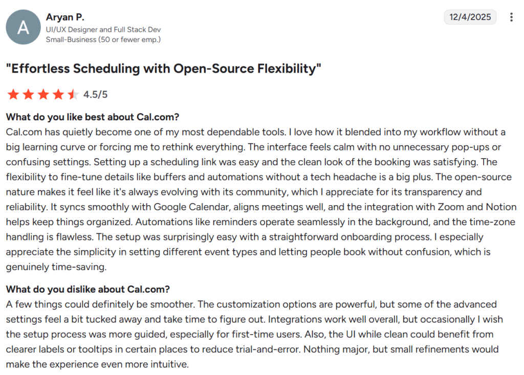Cal.com customer review from G2