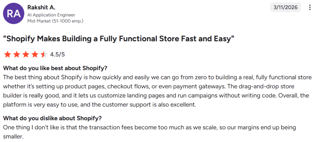 Shopify customer review from G2