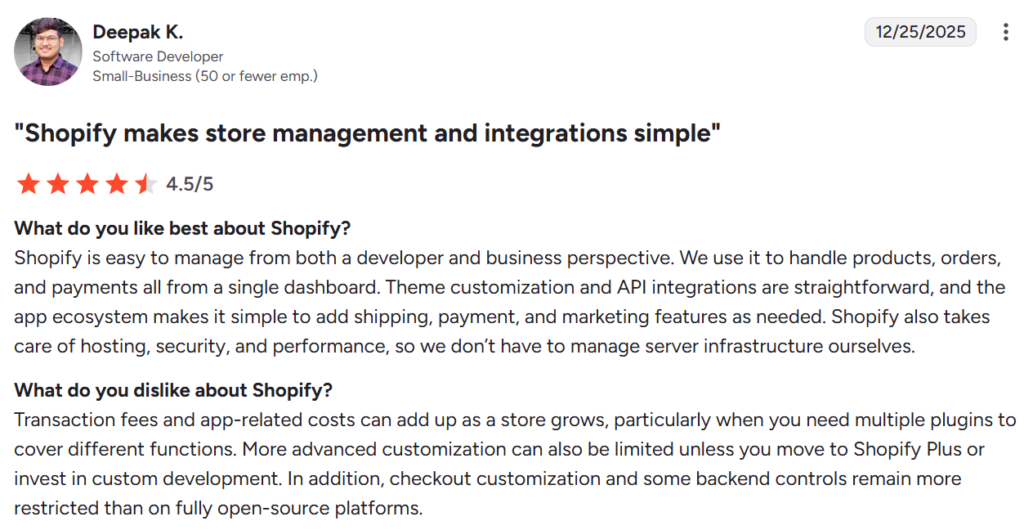 Shopify customer review from G2