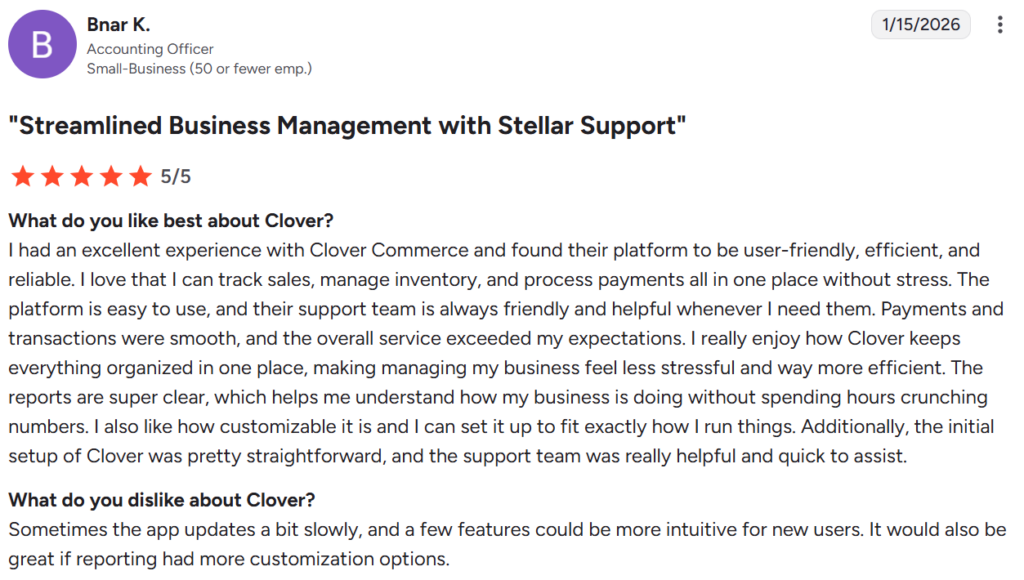 Clover customer review from G2